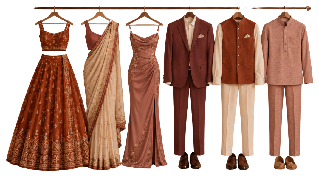 Six outfits hanging on a rail in the wedding's rust, terracotta, cream and dusty rose palette — a lehenga, a saree and a gown for the women, and a suit, a Nehru jacket and a kurta for the men
